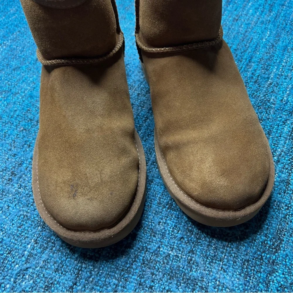 UGG Classic Mini Rubber Logo Fleece Lined Booties in Chestnut Brown Women's 5